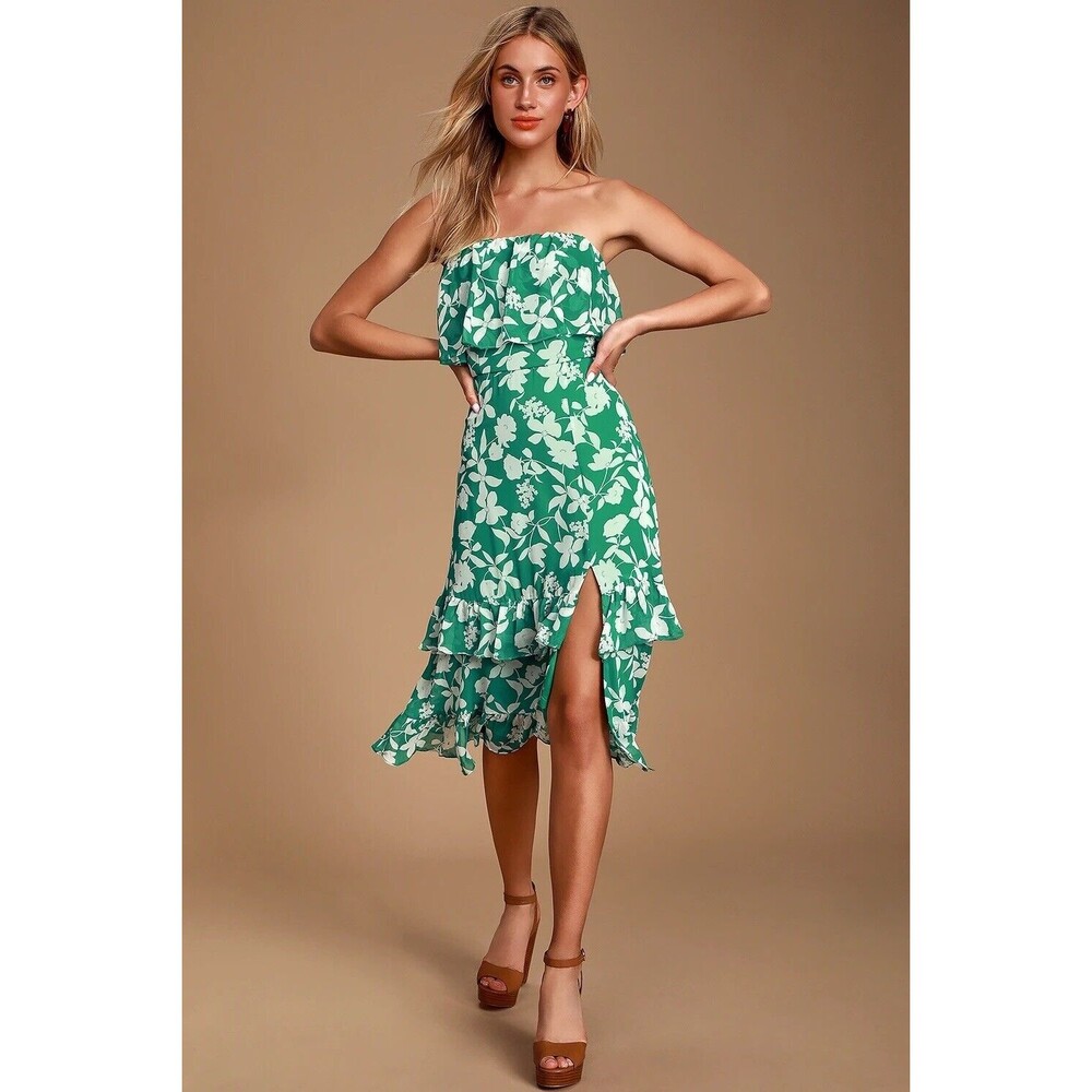 Lulu’s Floral Paradise Is Waiting Strapless Midi Dress Green M